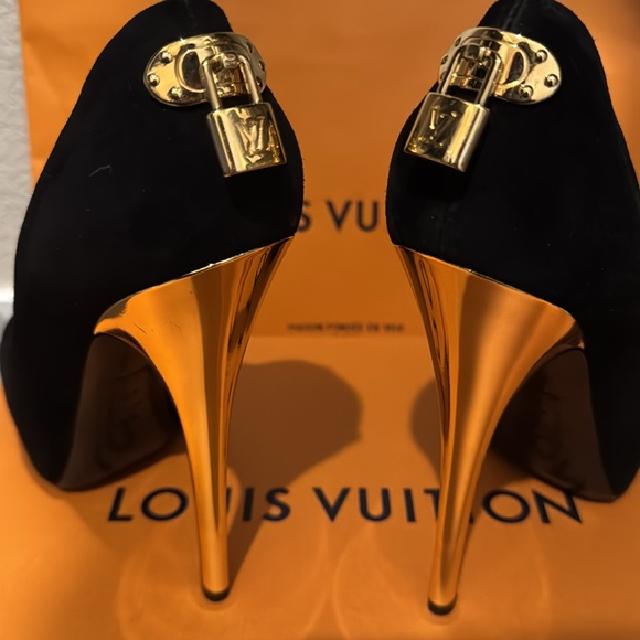 Louis Vuitton “Oh Really” Gold Lock Peep-Toe Heels - Picture 2 of 6